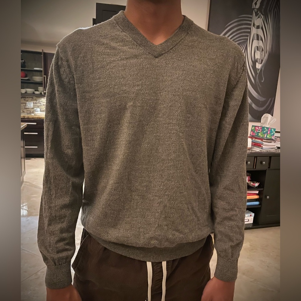100% Extra Fine Merino Wool Knit Sweater V-Neck Gray Brown Turnbury, L - Picture 11 of 16